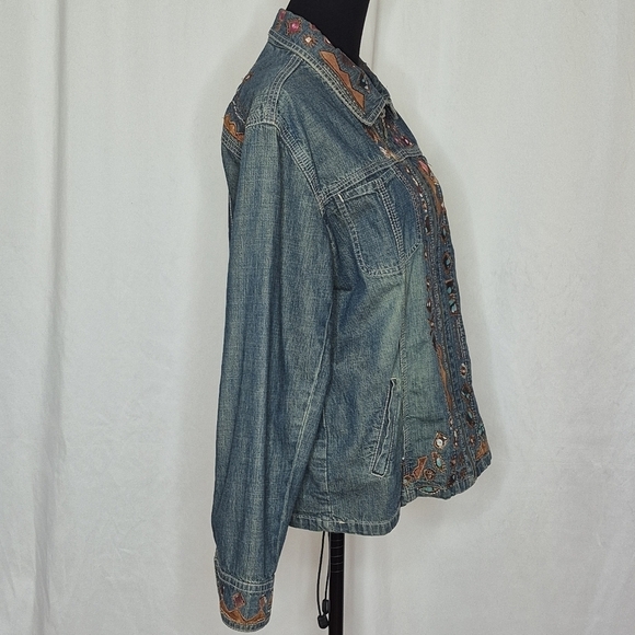 Chico's Southwestern Aztec-Style Embroidered Denim Zip Jacket - Size 2 (L/12) - Picture 3 of 14